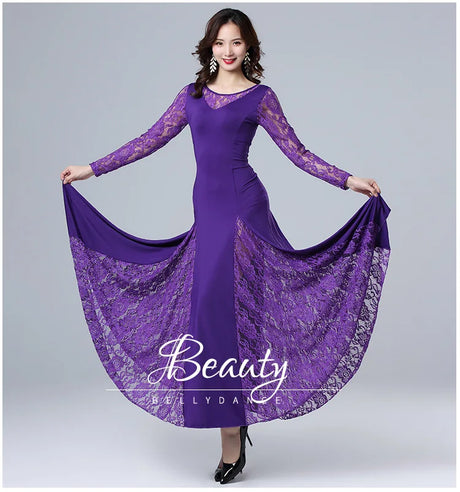 Adult Long Sleeve Lace Stitching Modern Dance Dress