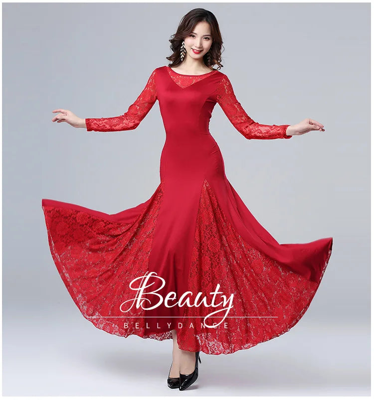 Adult Long Sleeve Lace Stitching Modern Dance Dress