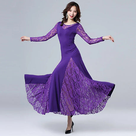 Adult Long Sleeve Lace Stitching Modern Dance Dress