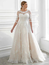 Luxury Wedding Dresses Lace Appliques A-Line Half Sleeve