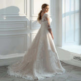 Luxury Wedding Dresses Lace Appliques A-Line Half Sleeve