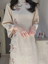 Apricot Cheongsam Qipao Embroidered Long Sleeve Autumn/Winter New