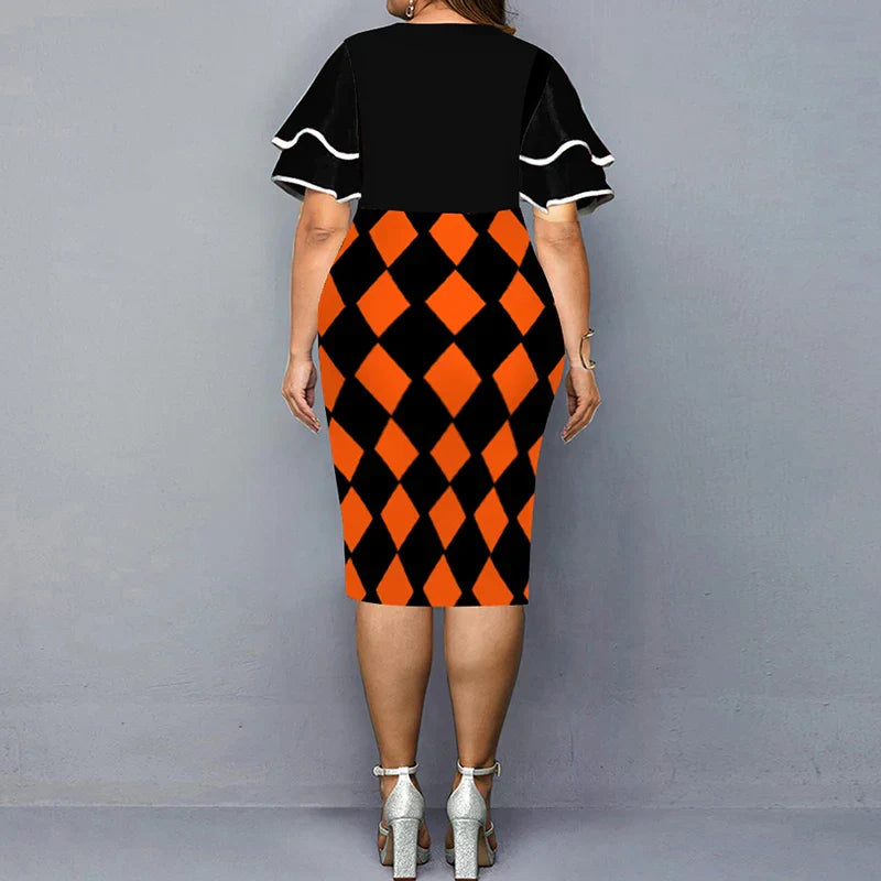 Autumn Women Trend Printing Plaid X-Shaped Midi Dress