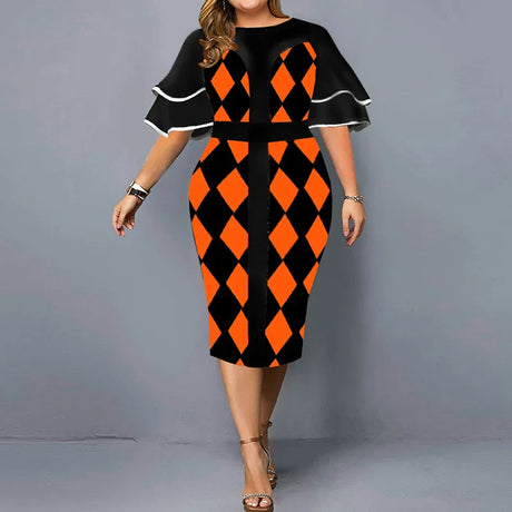 Autumn Women Trend Printing Plaid X-Shaped Midi Dress