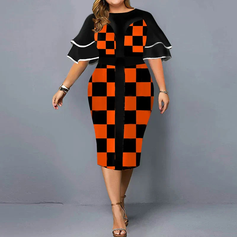 Autumn Women Trend Printing Plaid X-Shaped Midi Dress