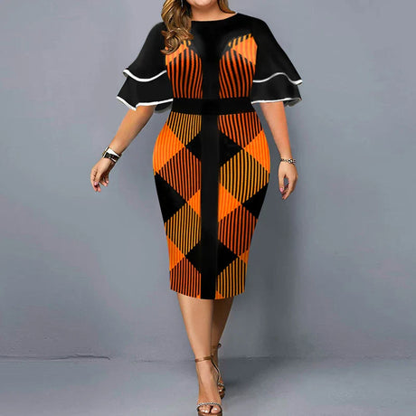 Autumn Women Trend Printing Plaid X-Shaped Midi Dress