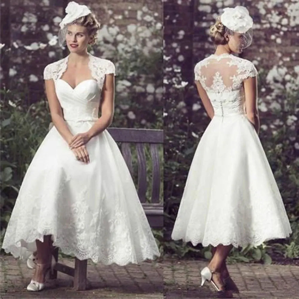 Tea-Length Bridal Dress with Cap Sleeves and Sweetheart Lace for Women.