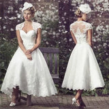 Tea-Length Bridal Dress with Cap Sleeves and Sweetheart Lace for Women.