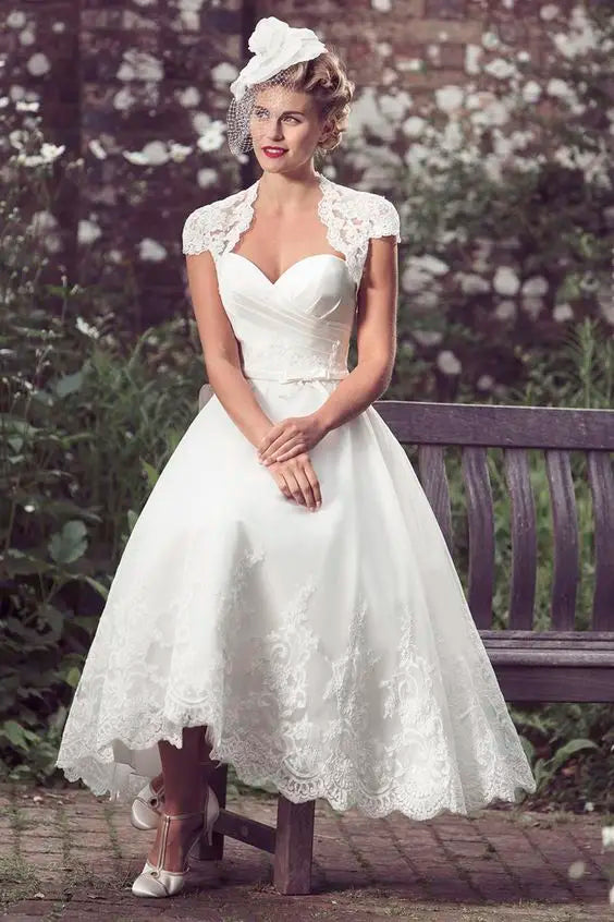 Tea-Length Bridal Dress with Cap Sleeves and Sweetheart Lace for Women.