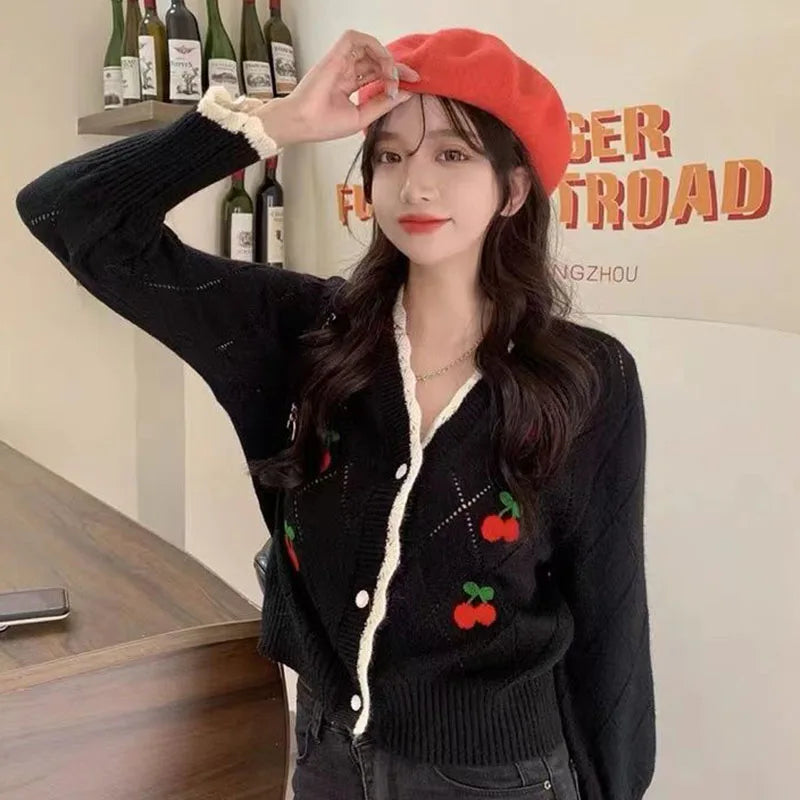 Biyaby Autumn Sweet Cherry Knit Cardigans Women Button