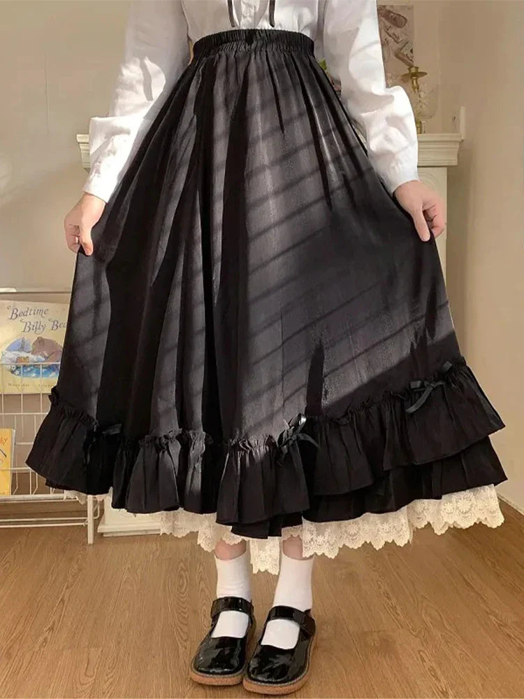 Black Long Skirts Women Japanese Kawaii Preppy Style