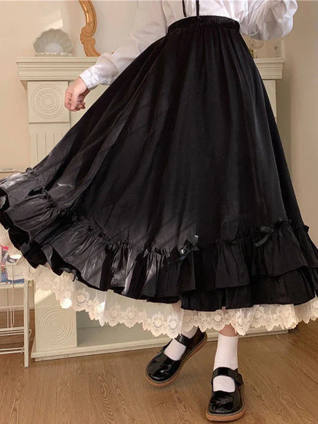 Black Long Skirts Women Japanese Kawaii Preppy Style