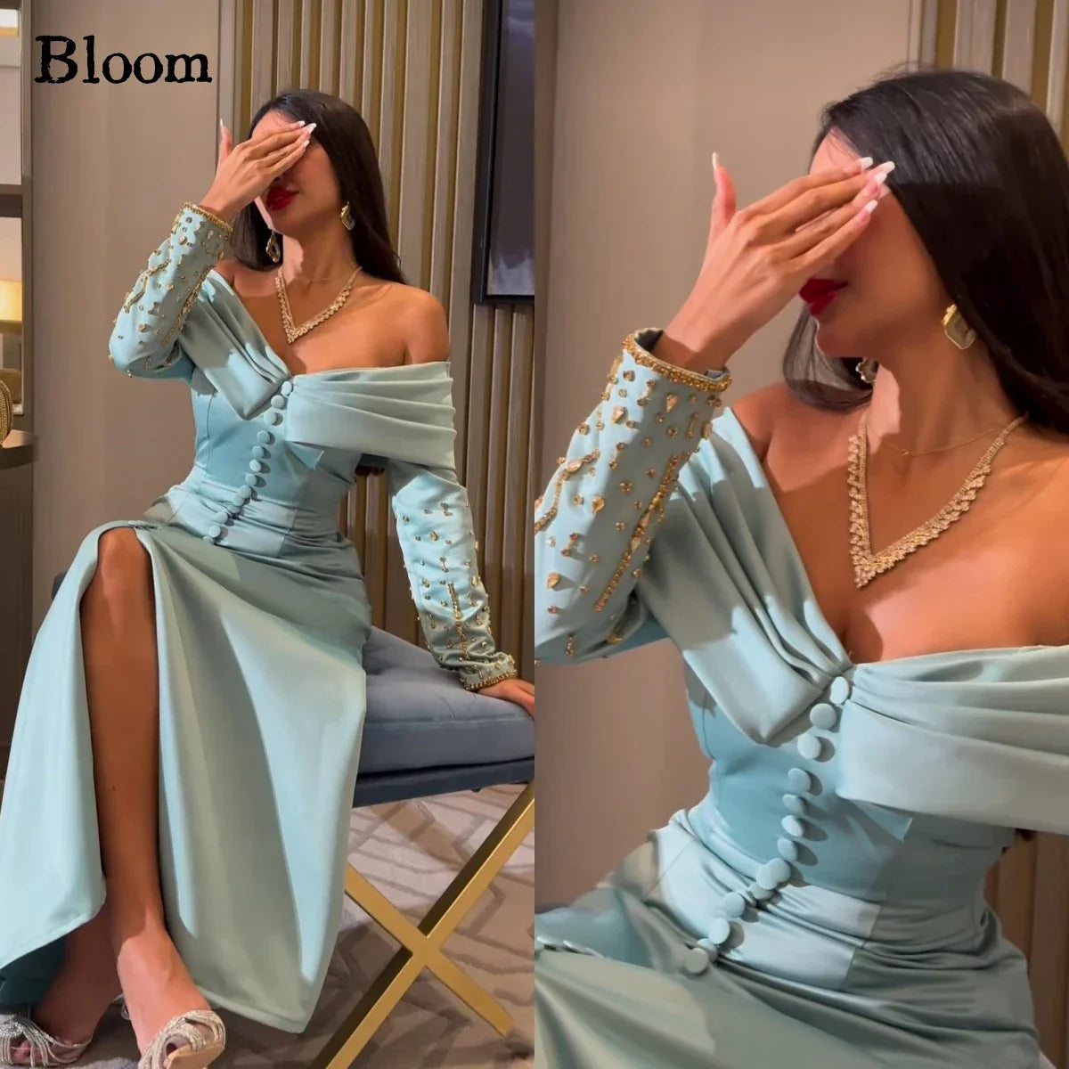 Bloom Off Shoulder Prom Dresses Gold Beads Long