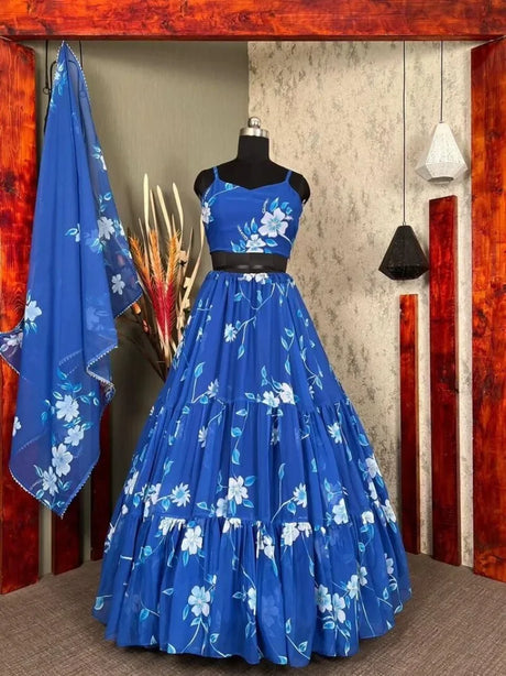 Blue Print Lehenga Choli Strap Blouse Flower Print