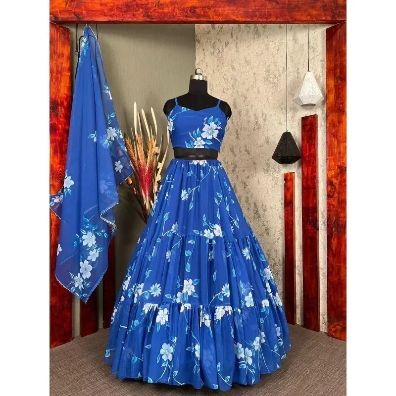 Blue Print Lehenga Choli Strap Blouse Flower Print