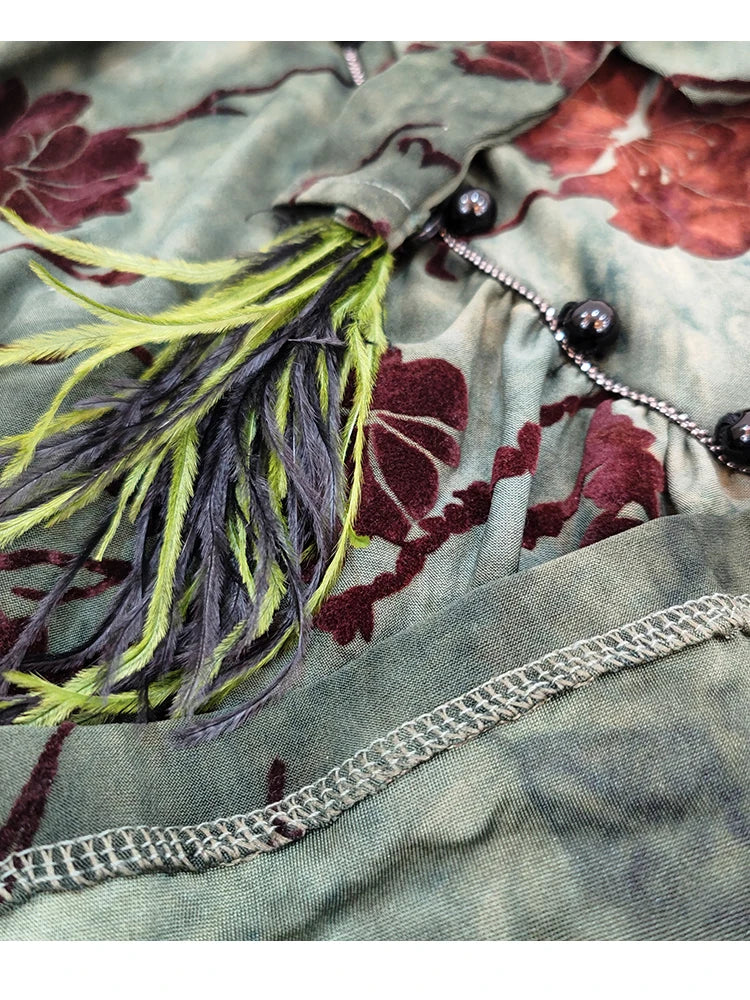 Cheerart Vintage Green Floral Bodycon Cheongsam Dress Long