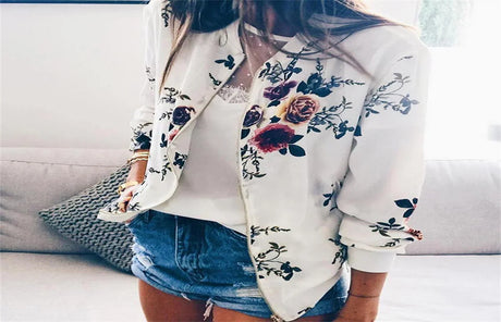 Casual Floral Printed Bomber Jacket Autumn Elegant Zipper