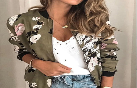 Casual Floral Printed Bomber Jacket Autumn Elegant Zipper