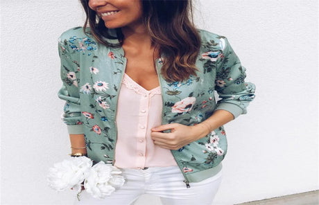 Casual Floral Printed Bomber Jacket Autumn Elegant Zipper