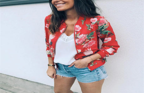 Casual Floral Printed Bomber Jacket Autumn Elegant Zipper