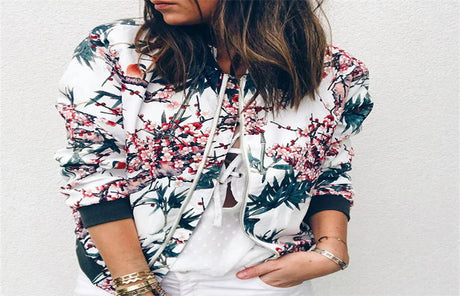 Casual Floral Printed Bomber Jacket Autumn Elegant Zipper