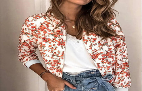 Casual Floral Printed Bomber Jacket Autumn Elegant Zipper