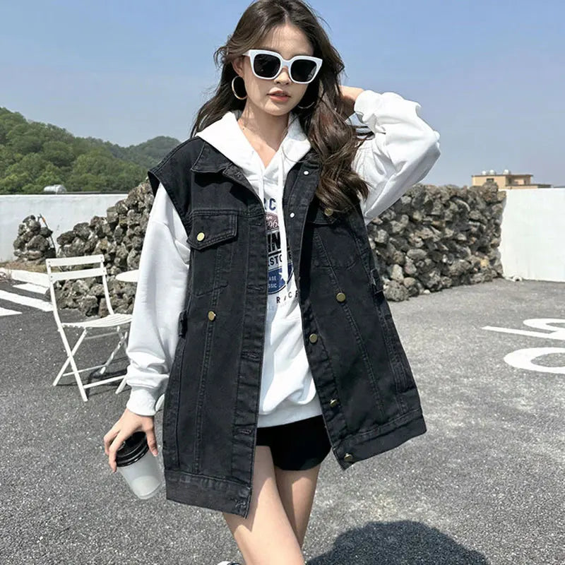 Casual Loose Denim Vest Women Streetwear Blue Black