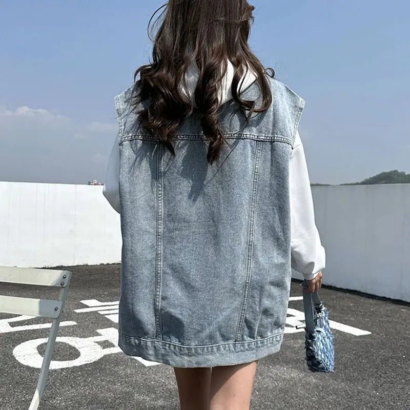 Casual Loose Denim Vest Women Streetwear Blue Black