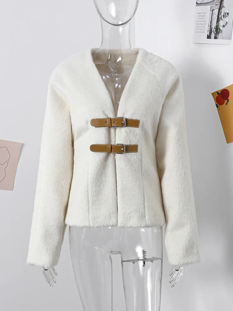 Chic Double Leather Button Women Jacket Long-Sleeved V-Neck