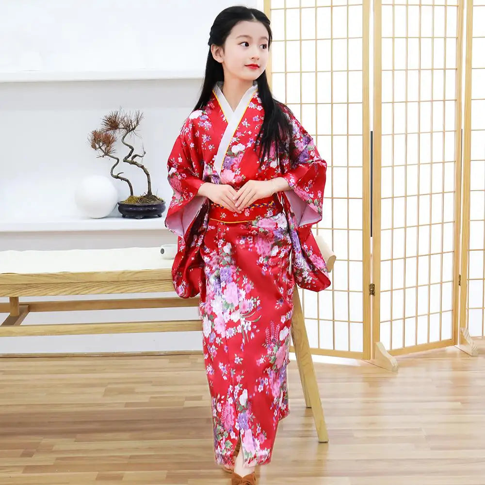 Children Girls Red Japanese Kimono Bathrobe Gown Print