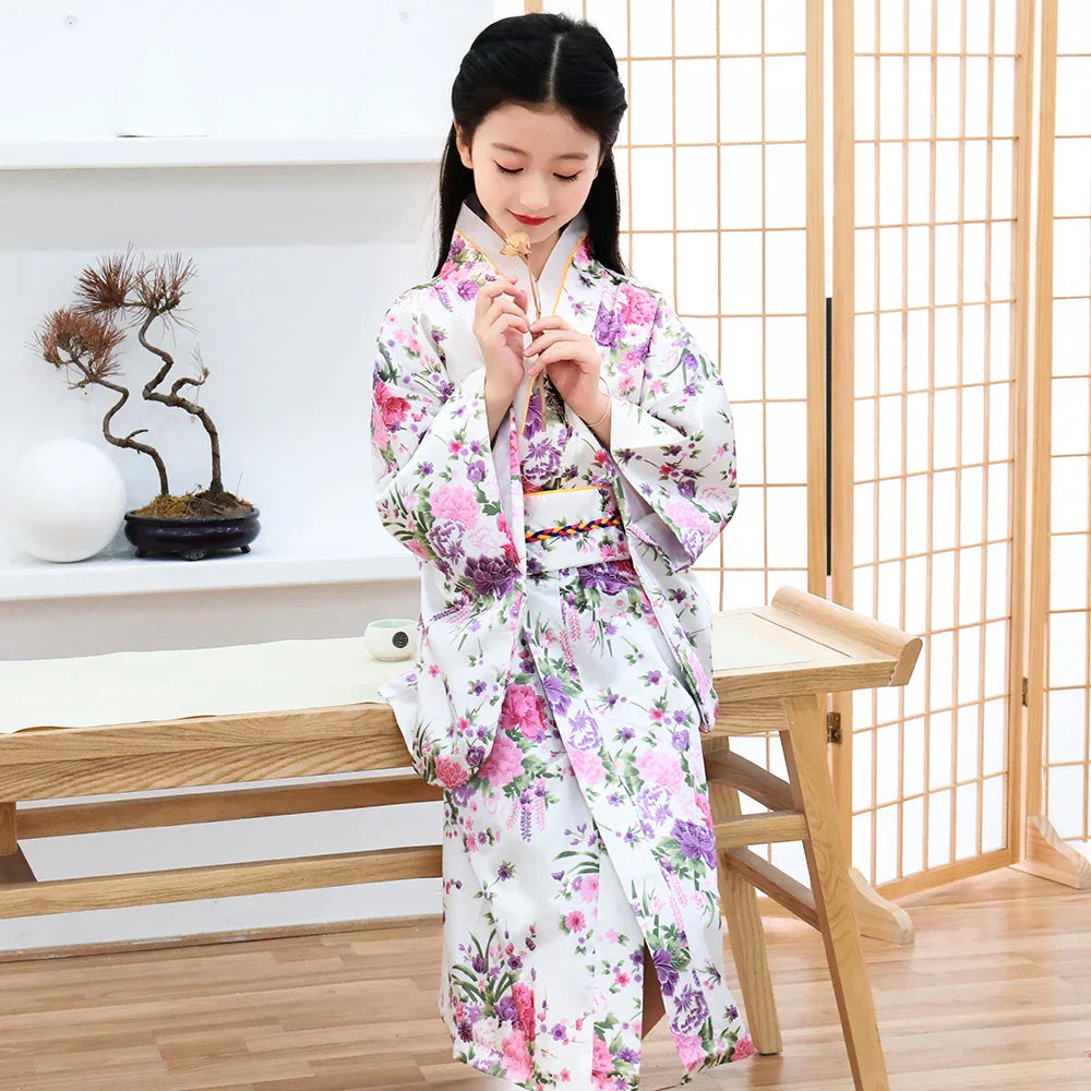 Children Girls Red Japanese Kimono Bathrobe Gown Print