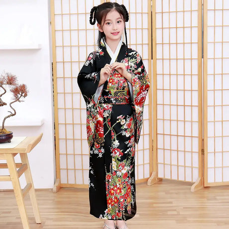 Children Girls Red Japanese Kimono Bathrobe Gown Print