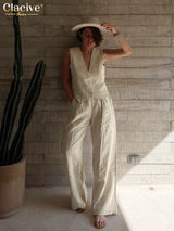 Clacive Summer White Linen Two Piece Set For