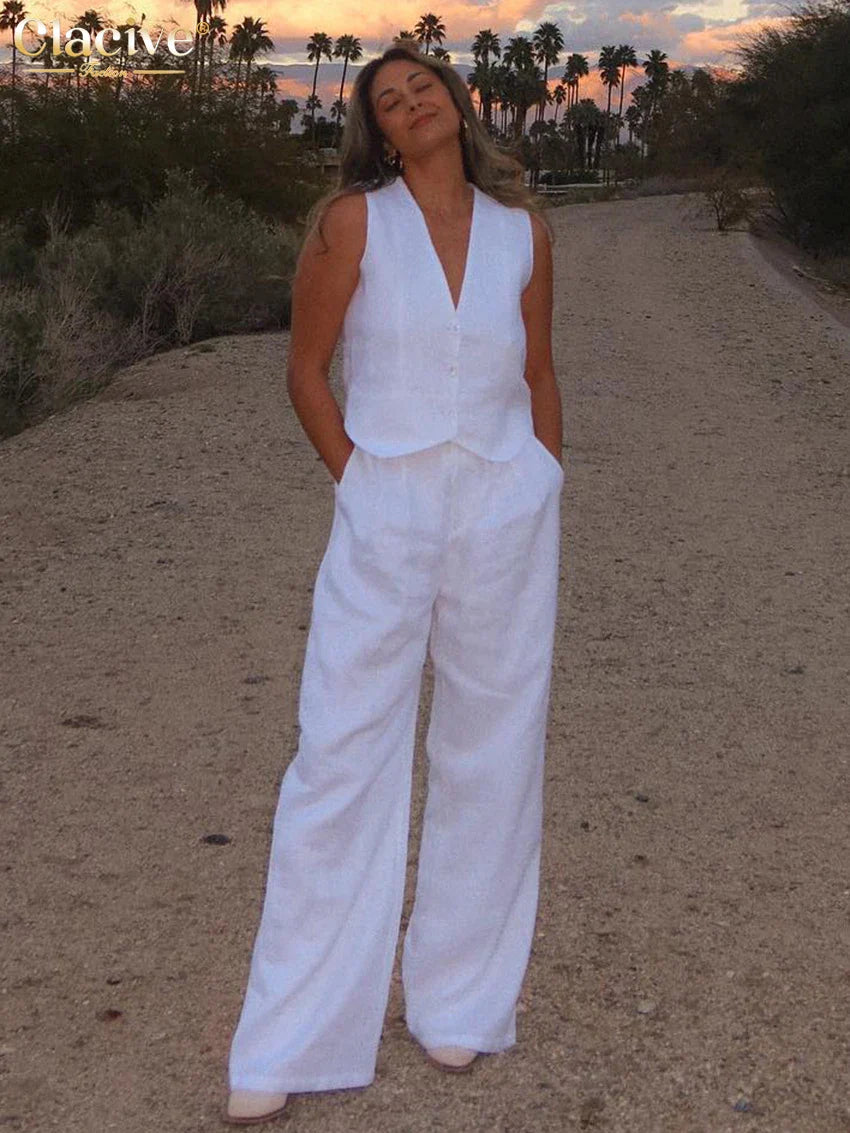 Clacive Summer White Linen Two Piece Set For