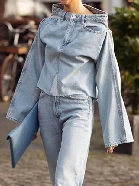 Deat Women' Denim Loose Coat Long Flare Sleeve