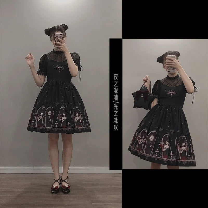 Dark Gothic Devil Print Dress Black Japanese Style