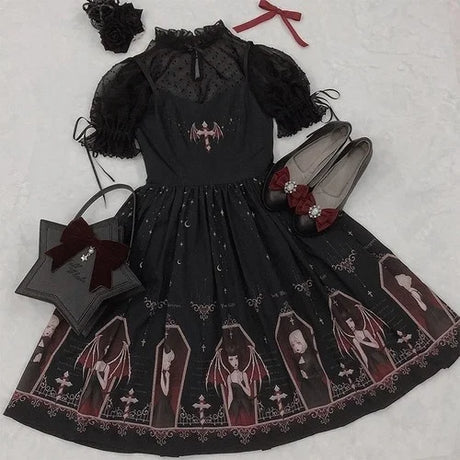 Dark Gothic Devil Print Dress Black Japanese Style