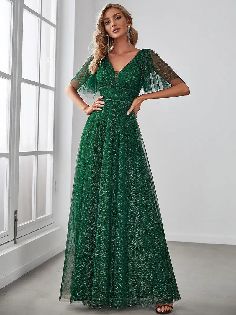 Elegant Evening Dress Long A-Line V Neck High