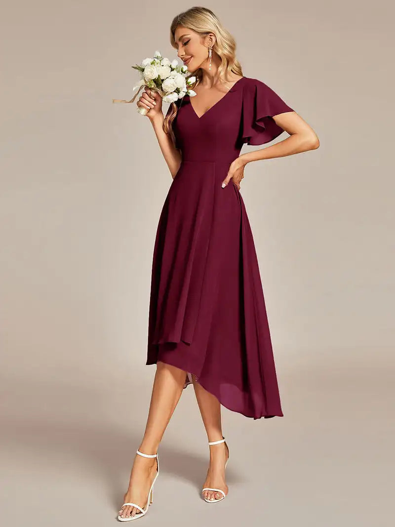 Elegant Evening Dresses V-Neck High Low Chiffon Ruffles