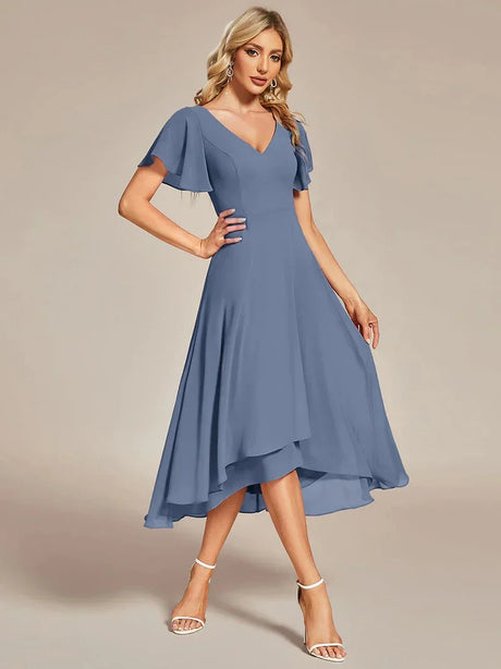 Elegant Evening Dresses V-Neck High Low Chiffon Ruffles