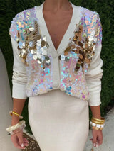 Elegant Sequin Bright Colorful Knit Cardigan Women V