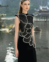 O-Neck Straight Women Sexy Black Cocktail Prom Gown
