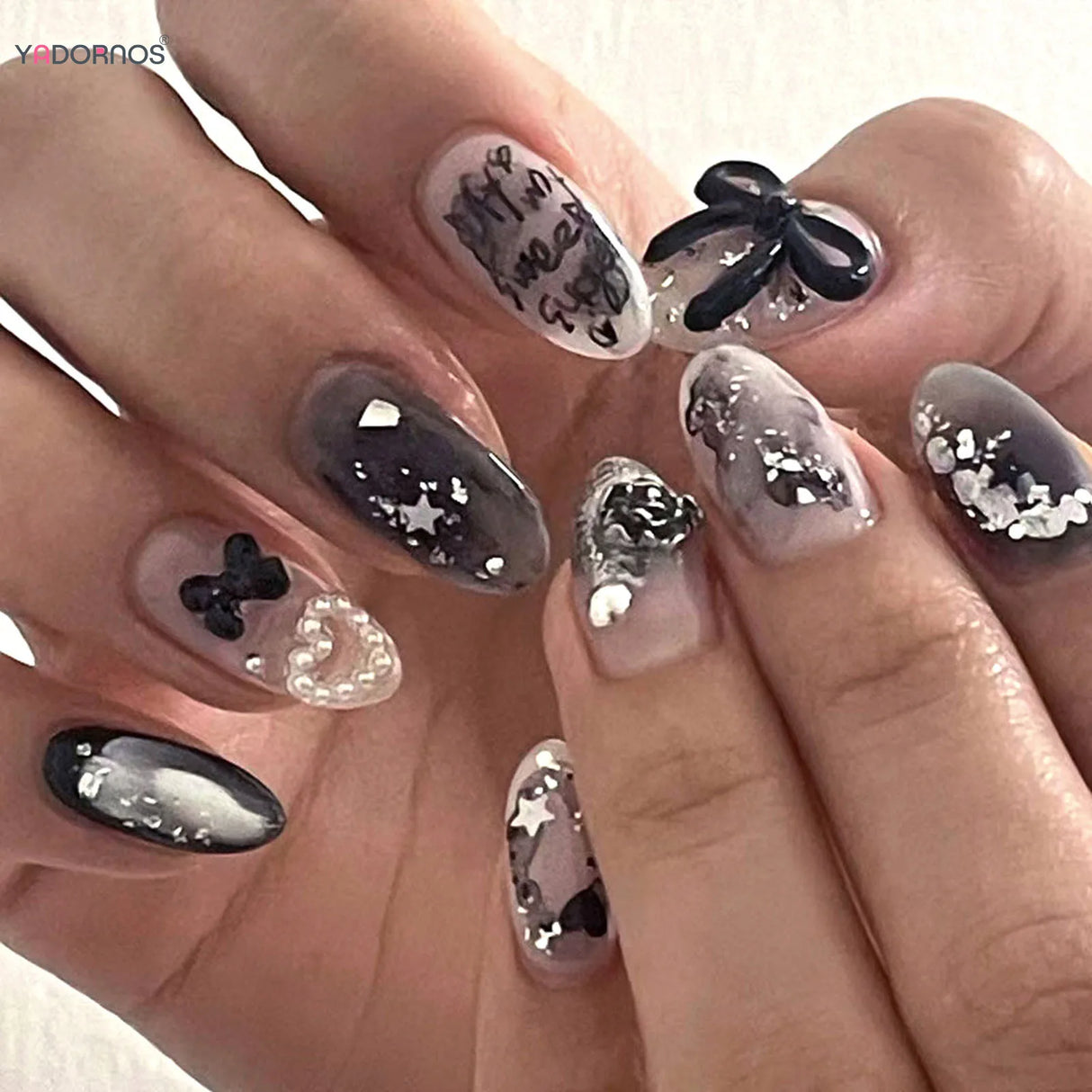 Fake Nails Almond Shape Black Gradient D Butterfly