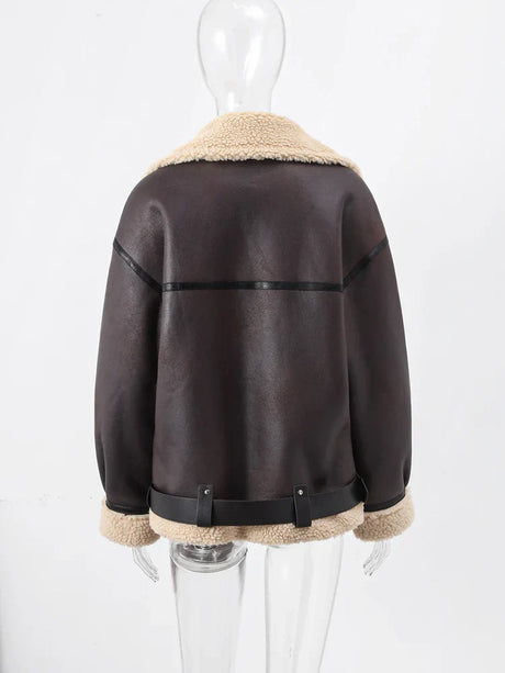 Faux Fur Leather Jacket Women Turndown Collar Belt