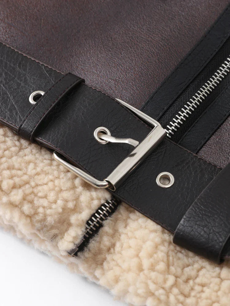 Faux Fur Leather Jacket Women Turndown Collar Belt