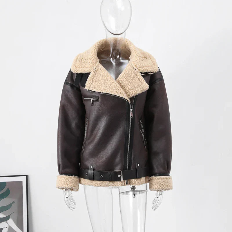 Faux Fur Leather Jacket Women Turndown Collar Belt