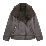 Faux Fur Leather Jacket Women Turndown Collar Belt