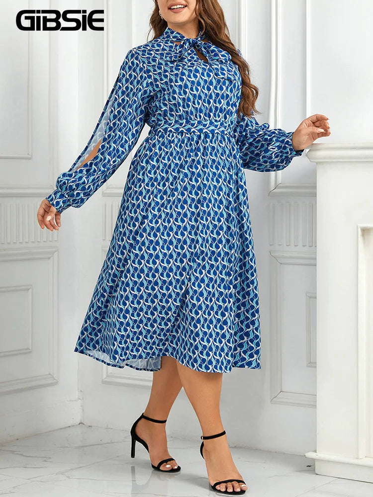 Gibsie Bow Tie Neck Belted Print Long Dress