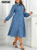 Gibsie Bow Tie Neck Belted Print Long Dress