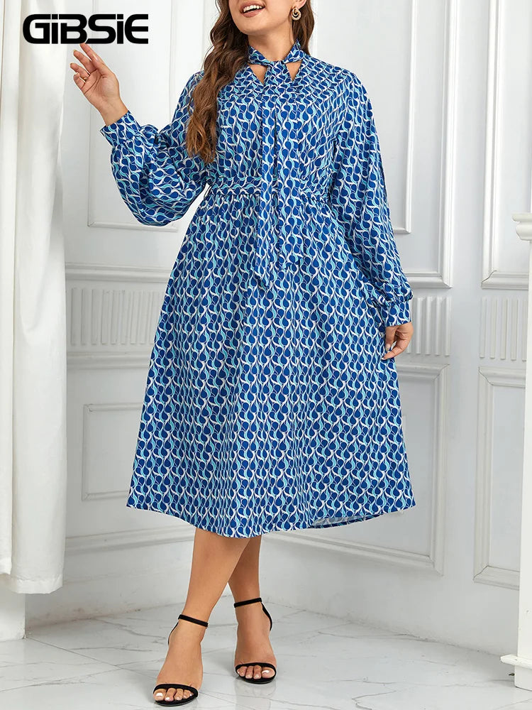 Gibsie Bow Tie Neck Belted Print Long Dress